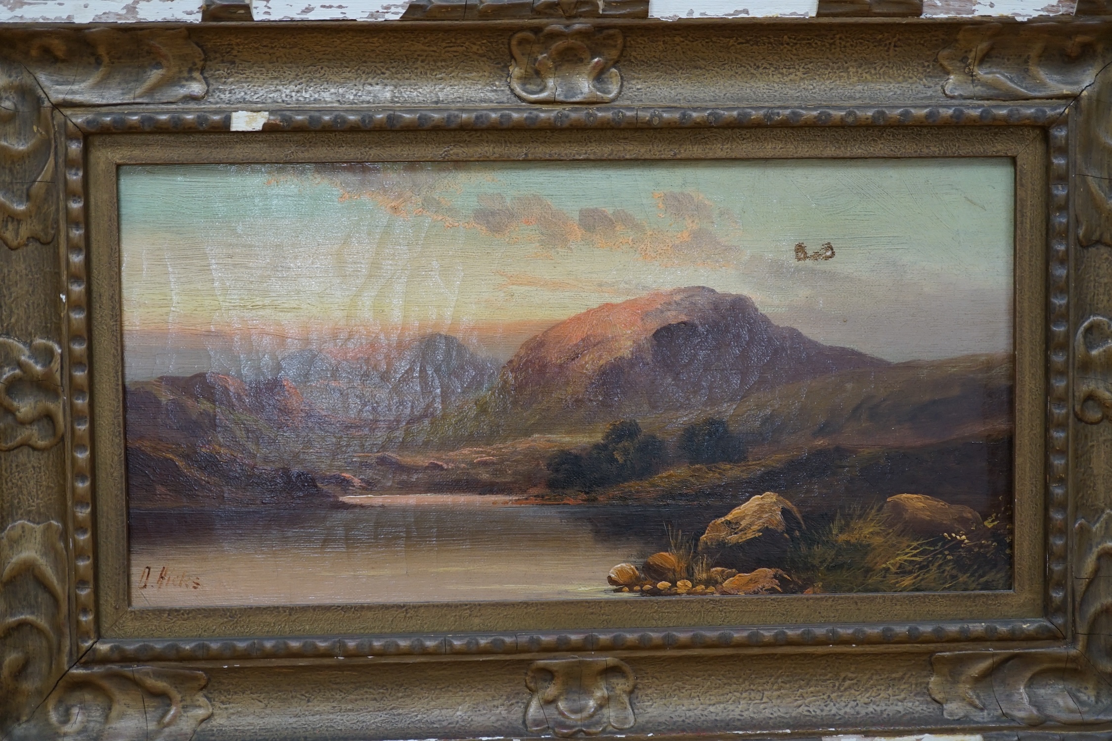 19th century, two oils on canvas, Scottish landscapes with highland cattle, one by David Hicks (19th century), signed, largest 24 x 44cm. Condition - poor to fair